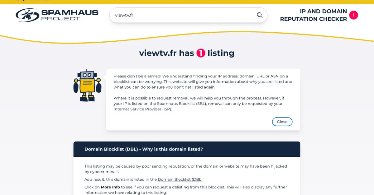 Domain De-listed from Spamhaus screenshot